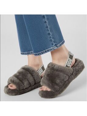 UGG Fluff Yeah Grey Genuine Shearling Slides Size 8 Slingback Chunky